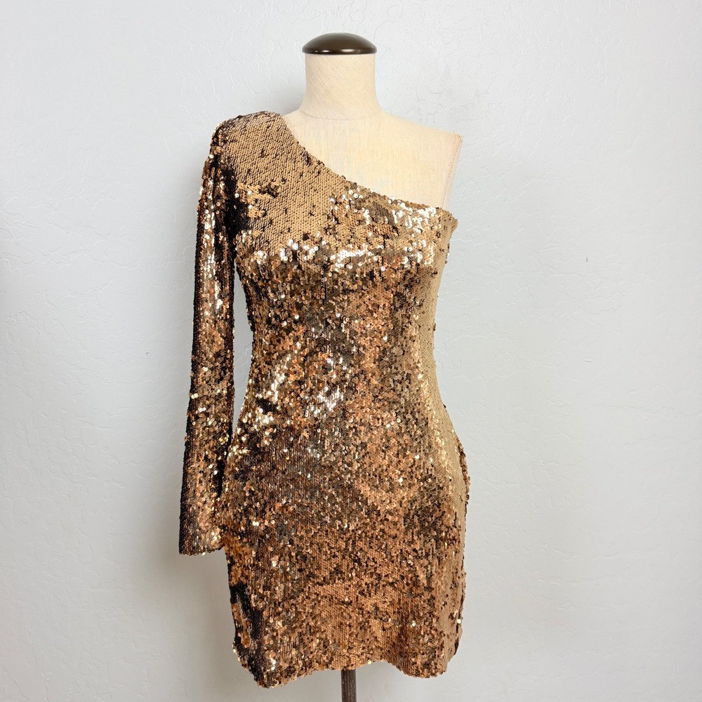 NEW Topshop Gold Sequin One Shoulder Mini Dress Occasion Formal Holiday Size 4